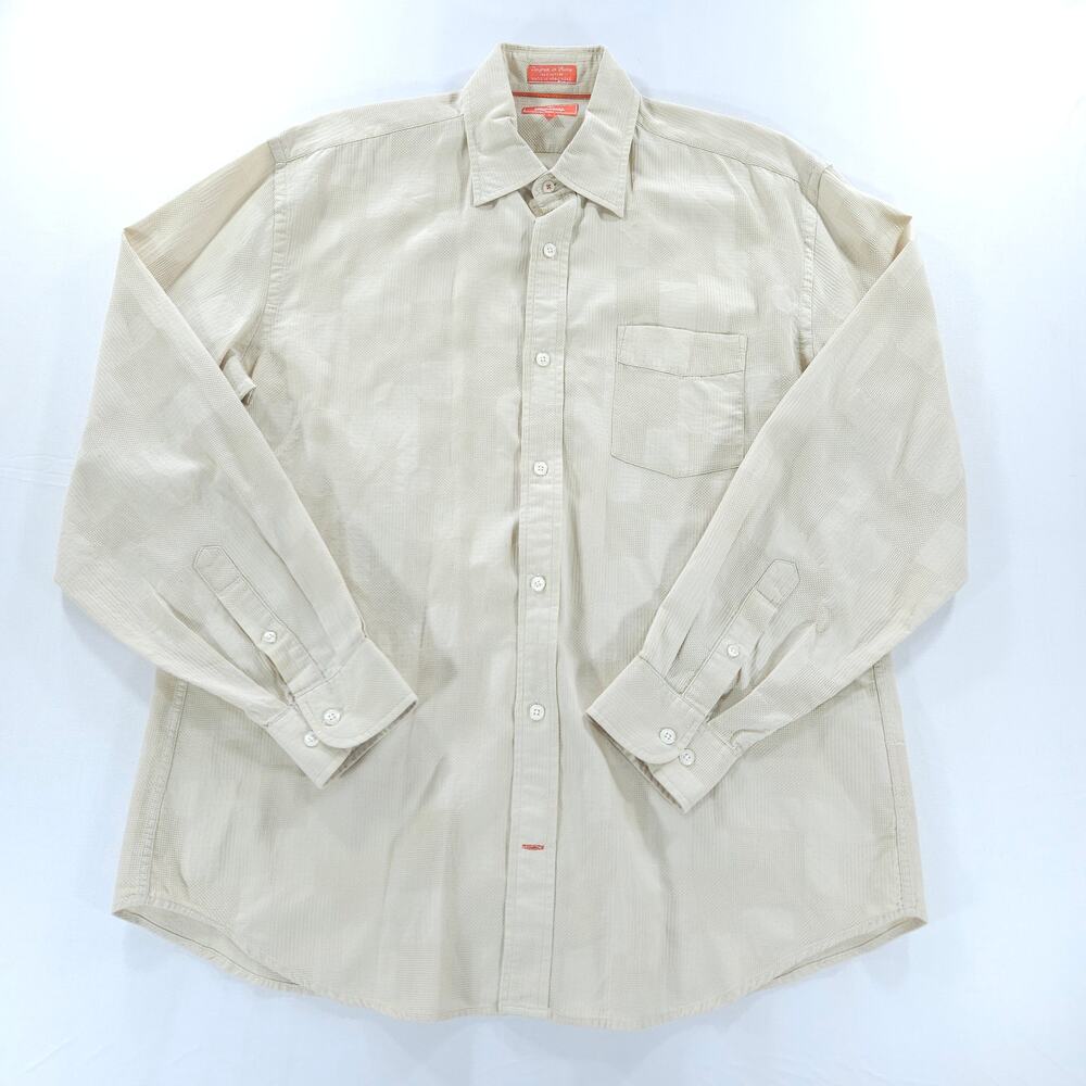 Façonnable Jeans Mens L Beige Grid Check Cotton Button Down Long Sleeve Shirt